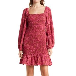 NWT 70/21 Long Sleeve Smocked Mini Dress in Red Multi print sz M